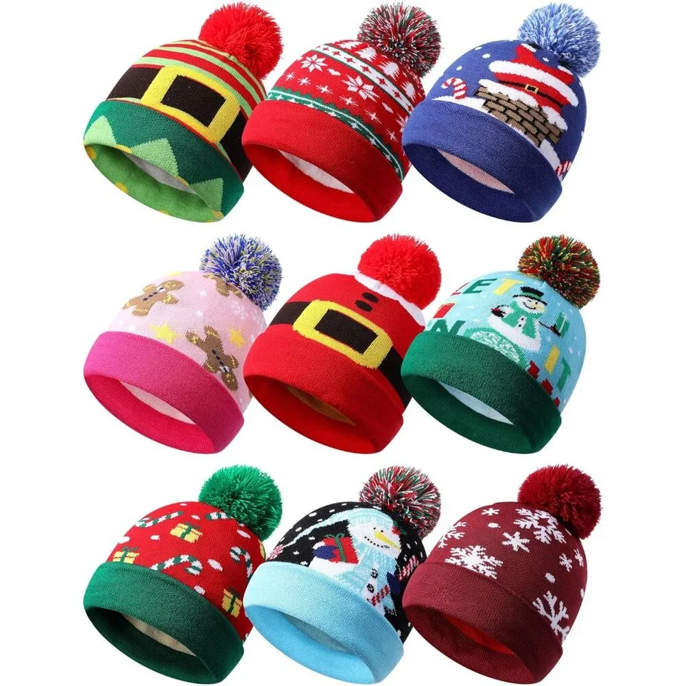 9 Pcs Christmas Knitted Hats Bulk Xmas Winter Beanie Hats with Pom Santa Crochet